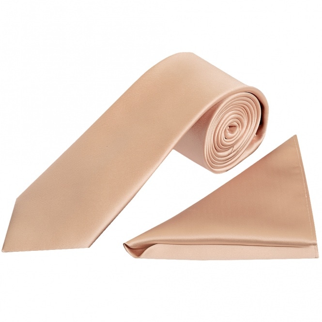 Plain Nude Satin Classic Mens Tie And Pocket Square Set