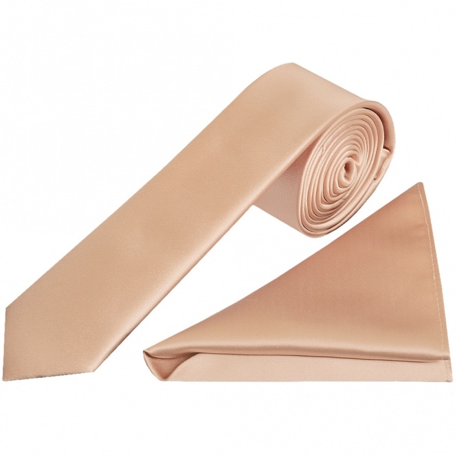 Plain Nude Satin Skinny Mens Tie And Pocket Square Set